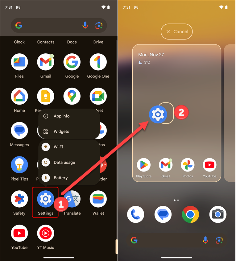 Drag the Settings icon from the Apps list to the Home Screen