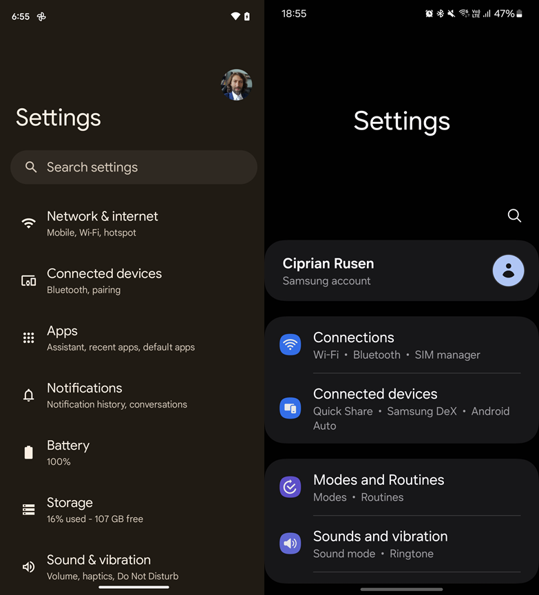 The Settings app on a Google Pixel (left) vs Samsung Galaxy (right)