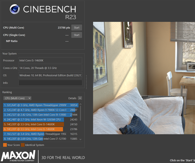 Benchmark results in Cinebench R23