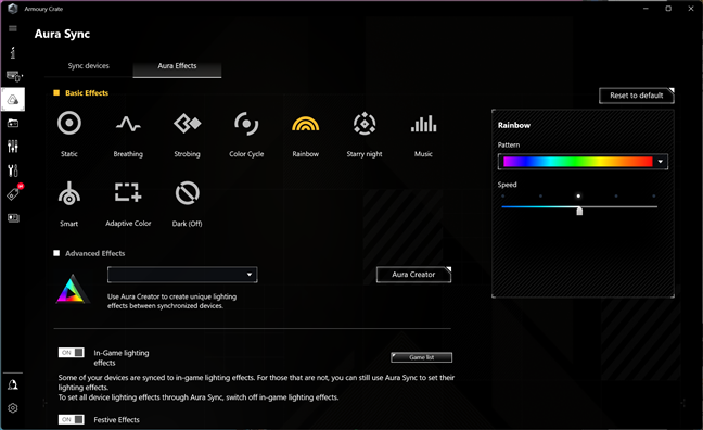 Aura Sync options in Armoury Crate