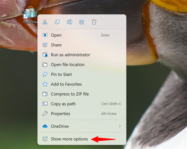 Right-click the shortcut and choose Show more options