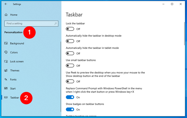 In Windows 10's Settings, go to Personalization > Taskbar