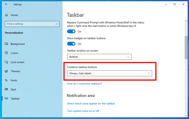 Combine taskbar buttons in Windows 10