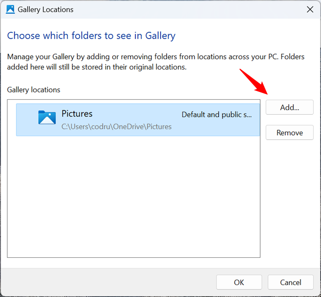 Click Add to include a new folder in the Gallery