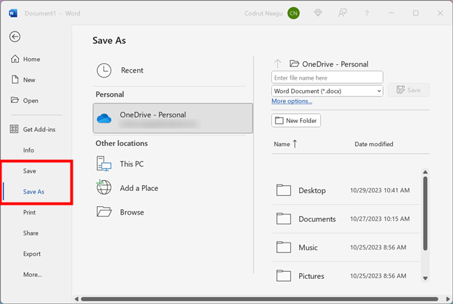 The Save and Save As options in Word