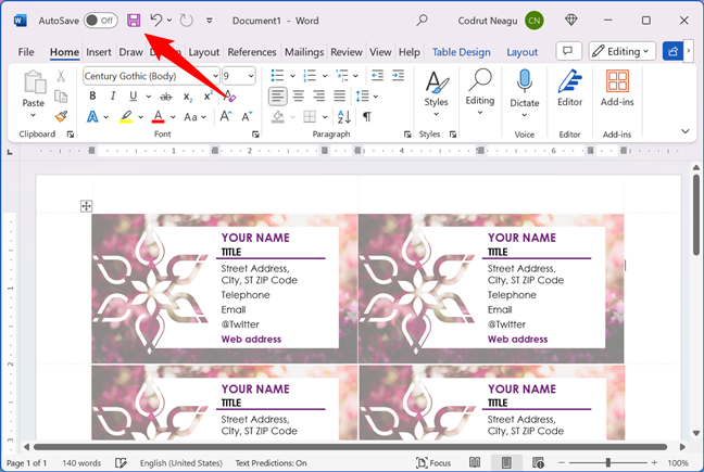 The Save button on Word's Quick Access Toolbar