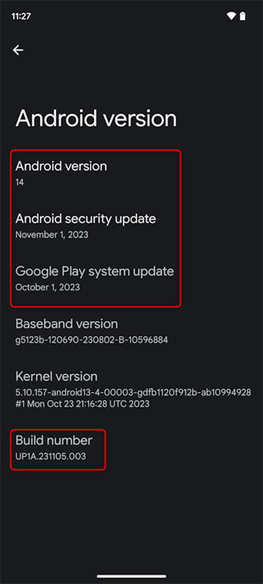 The Android version screen offers a lot more information