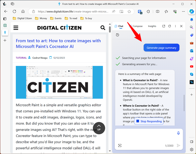 Generate a page summary with Copilot in Edge
