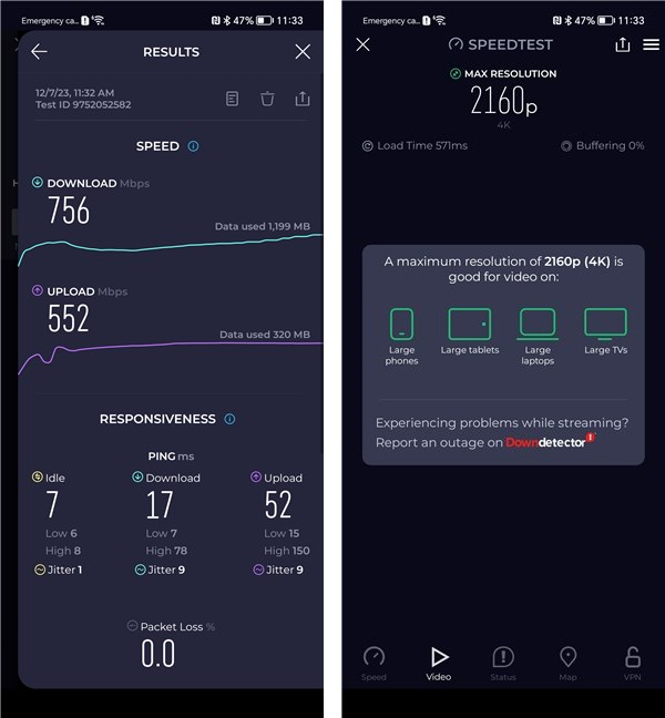 Benchmark results in SpeedTest