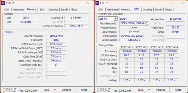 Specifications of the Lexar DDR4-3200 RAM