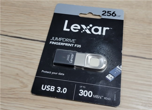 The packaging of the Lexar JumpDrive Fingerprint F35 USB 3.0 flash drive