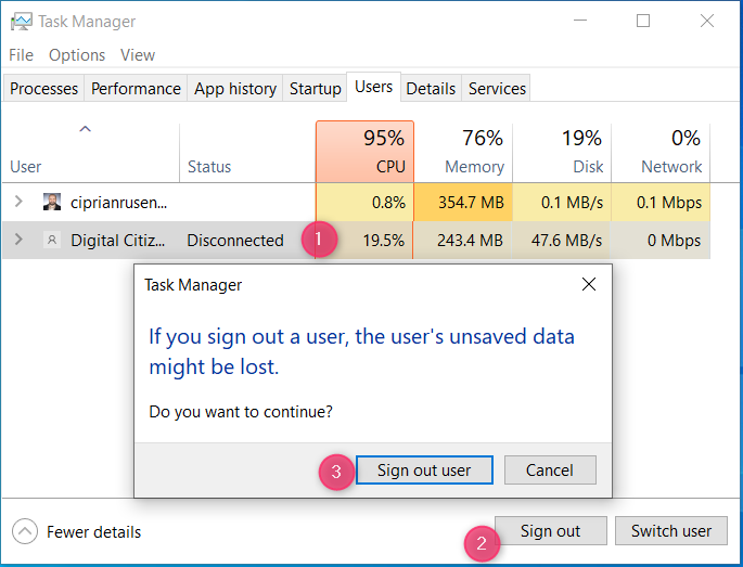 Sign out other users using the Task Manager