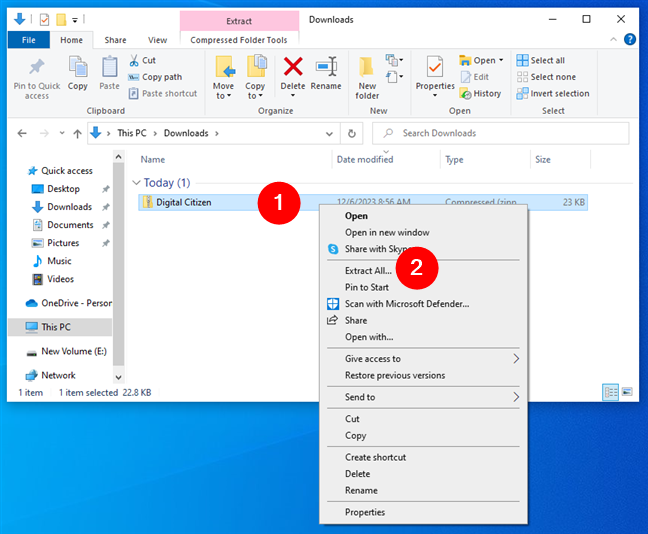How to unzip files in Windows 10 from their context menu