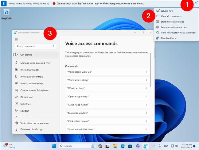 View all commands in Voice Access using the Help menu