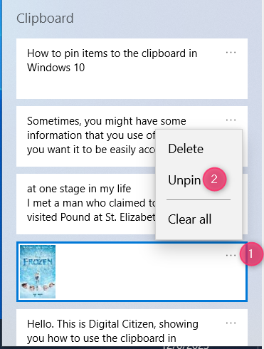 How to unpin an item from the clipboard