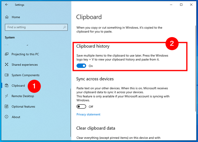 Enable the Clipboard history in Windows 10