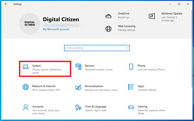 Open System in Windows 10's Settings