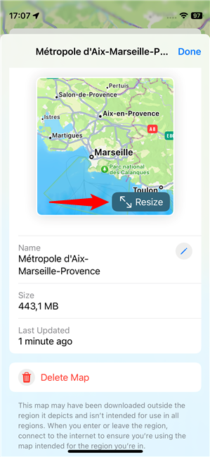 How to resize an offline map from Apple Maps