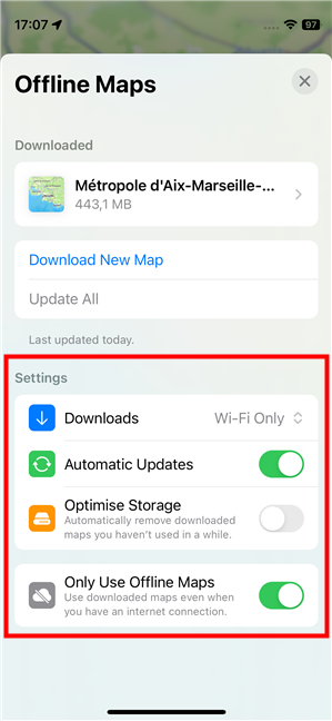 Settings for offline Apple Maps