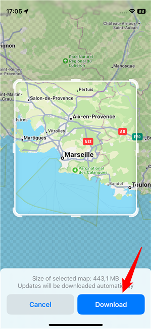 Adjust the size of the map and tap Download