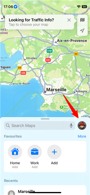 Tap the profile icon in Apple Maps