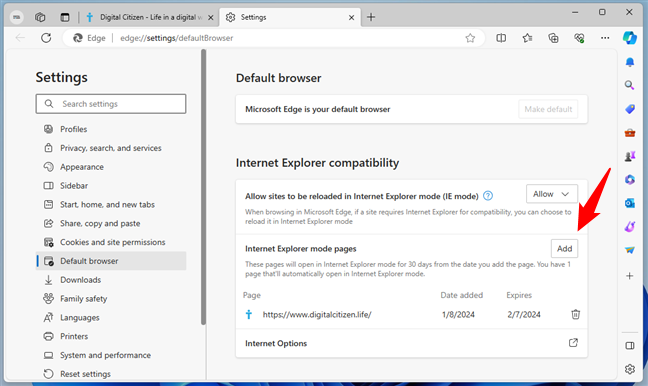 Internet Explorer mode pages