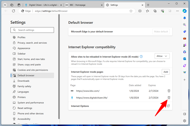 Delete a page from the IE mode list in Edge