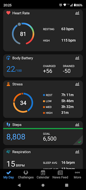 Some of the health stats shown by Garmin Connect