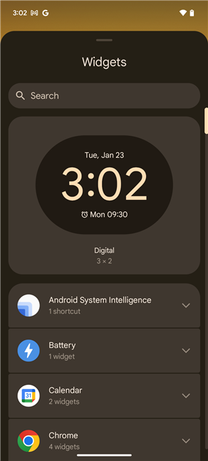 The Widgets available on a Google Pixel