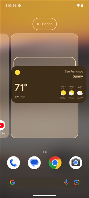 Touch and hold the Weather widget and drag it to the Home screen