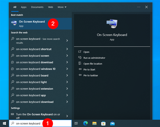 Searching for the virtual keyboard in Windows 10