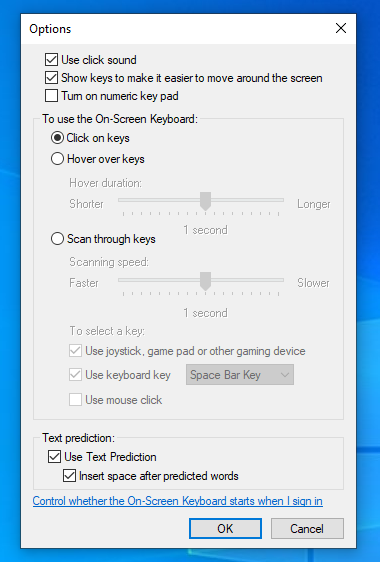 The settings available for the Windows On-Screen Keyboard