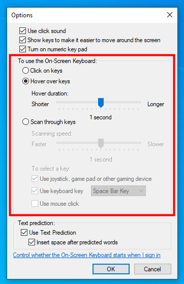 Options for how to type using On-Screen Keyboard