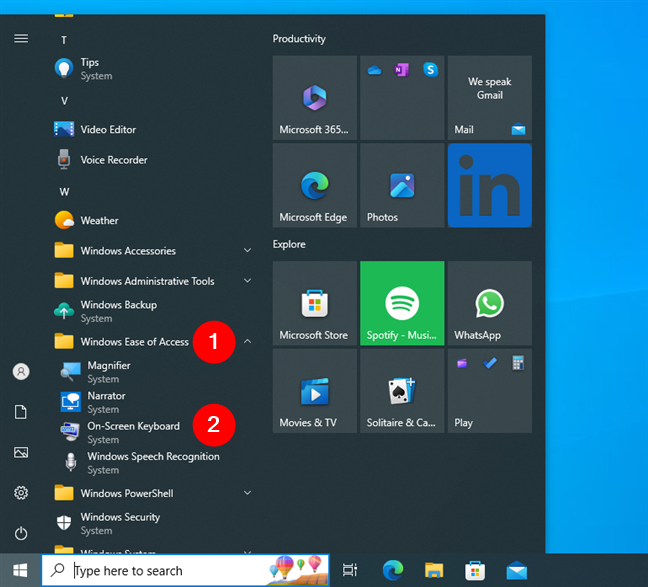 Start Menu shortcut to open the On-Screen Keyboard in Windows 10