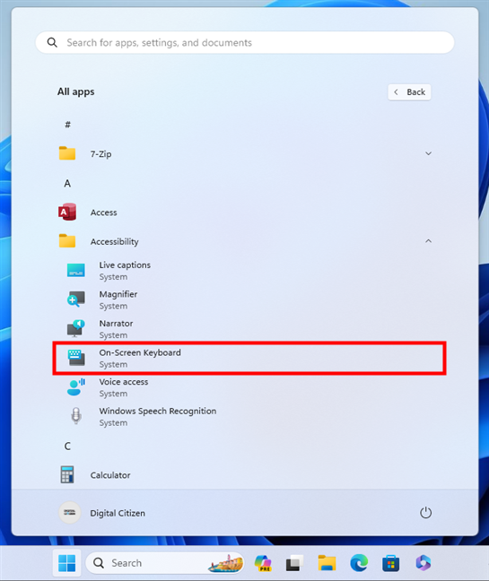 Start Menu shortcut to open the On-Screen Keyboard in Windows 11