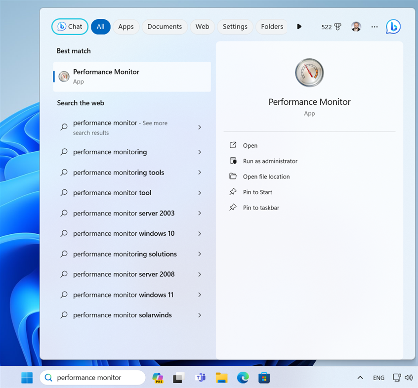 In Windows 11, search for performance monitor
