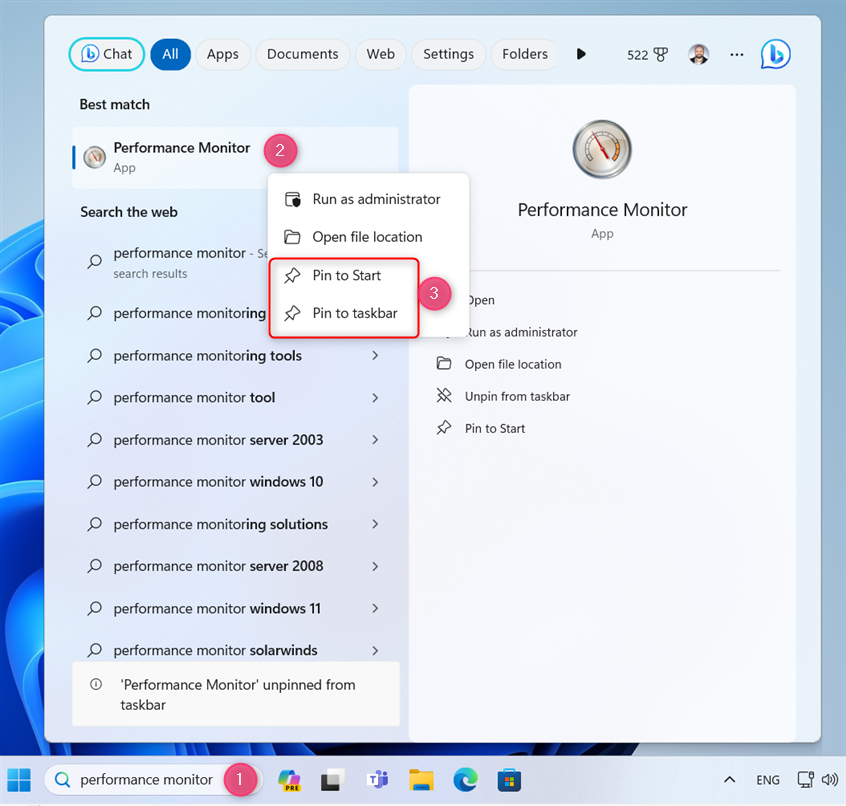 Search for Performance Monitor and pin its shortcut