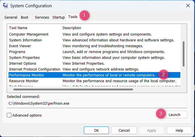 Launch Performance Monitor from System Configuration