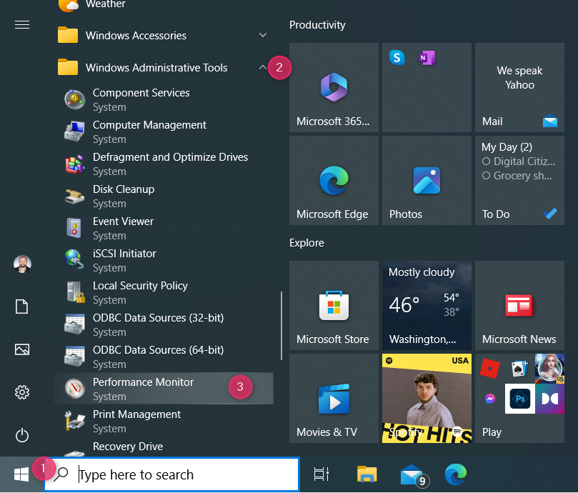 The Performance Monitor shortcut in Windows 10