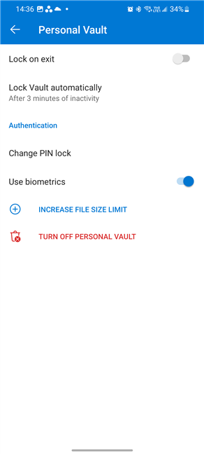 Personal Vault settings in Android