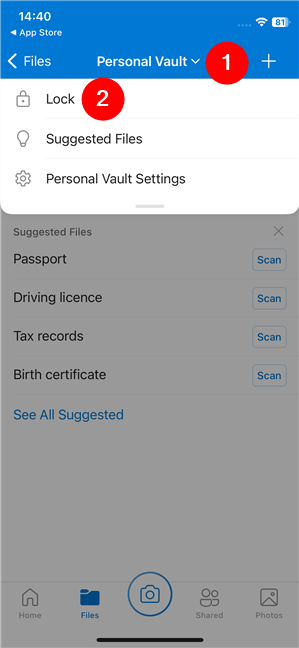 How to lock OneDrive's Personal Vault on an iPhone