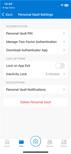 Personal Vault Settings in iOS