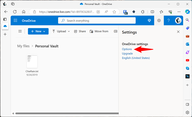 Click or tap Options under OneDrive settings