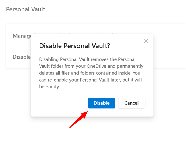 Click Disable to remove Personal Vault from OneDrive
