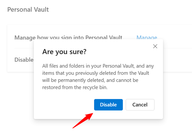 Confirm that you want to remove Personal Vault from OneDrive