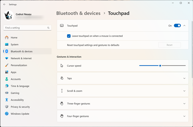 Touchpad settings in Windows 11