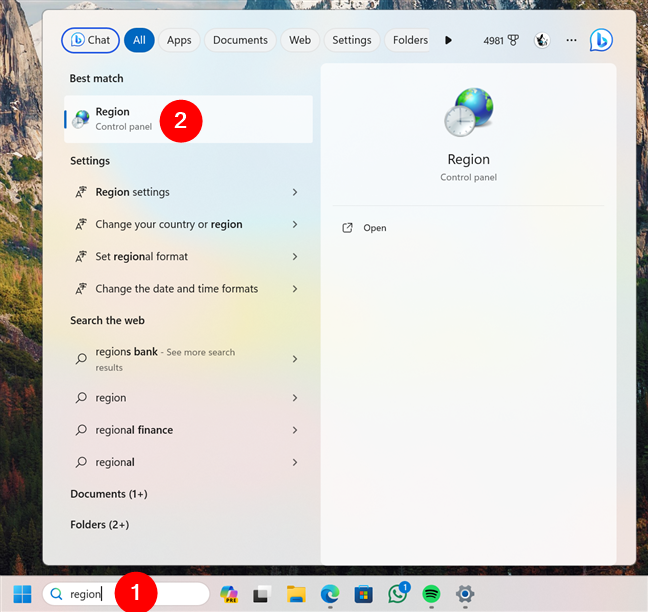 Open Region in Windows 11 using search