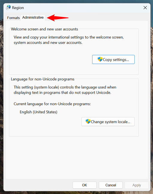 The Administrative Region settings in Windows 11