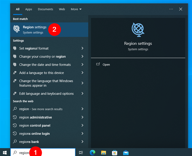 Open Region settings in Windows 10 using search