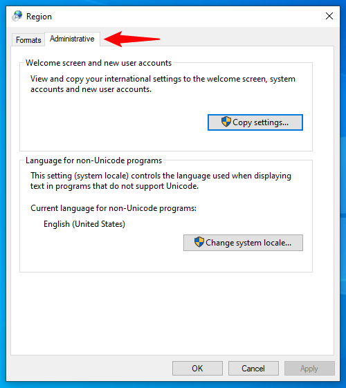 Administrative Region settings in Windows 10